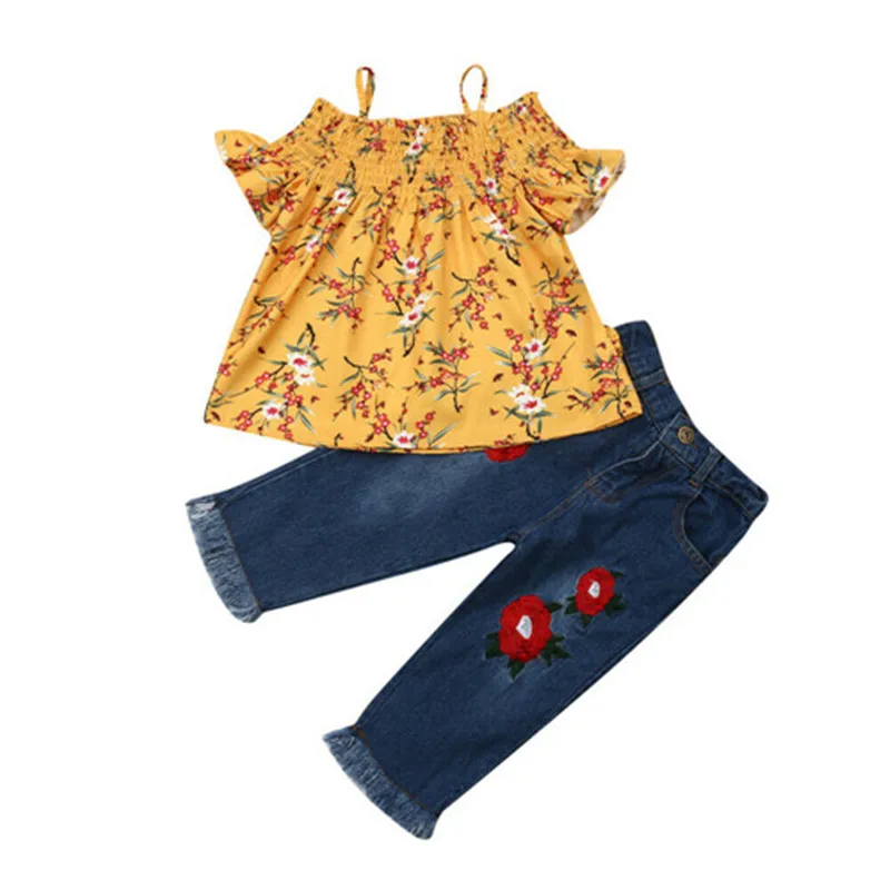 Летняя детская одежда для маленьких девочек топы с цветочным принтом джинсовые