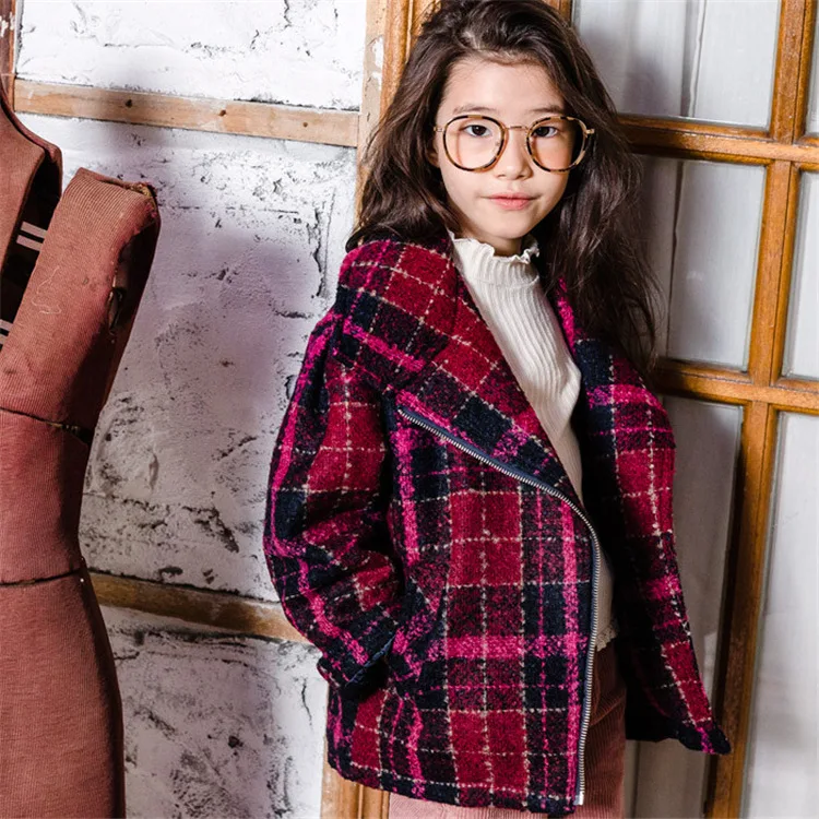 Модное шерстяное пальто для девочек осенние винтажные клетчатые куртки casaco menina