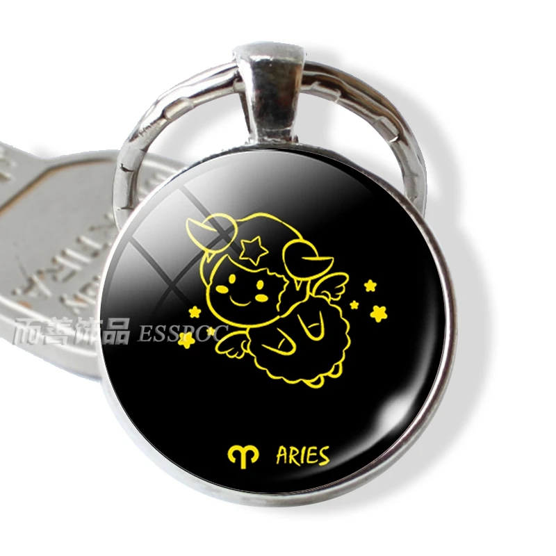 12 Constellations Zodiac Sign Pendant Aries Leo Libra Keychain Key Chain Rings Glass Cabochon Dome Jewelry Birthday Gift | Украшения и