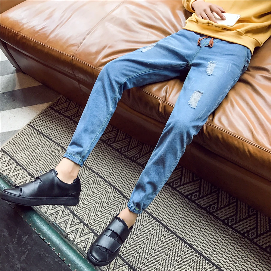 Весенние новые джинсы мужские тонкие модные потертые повседневные Рваные дыры