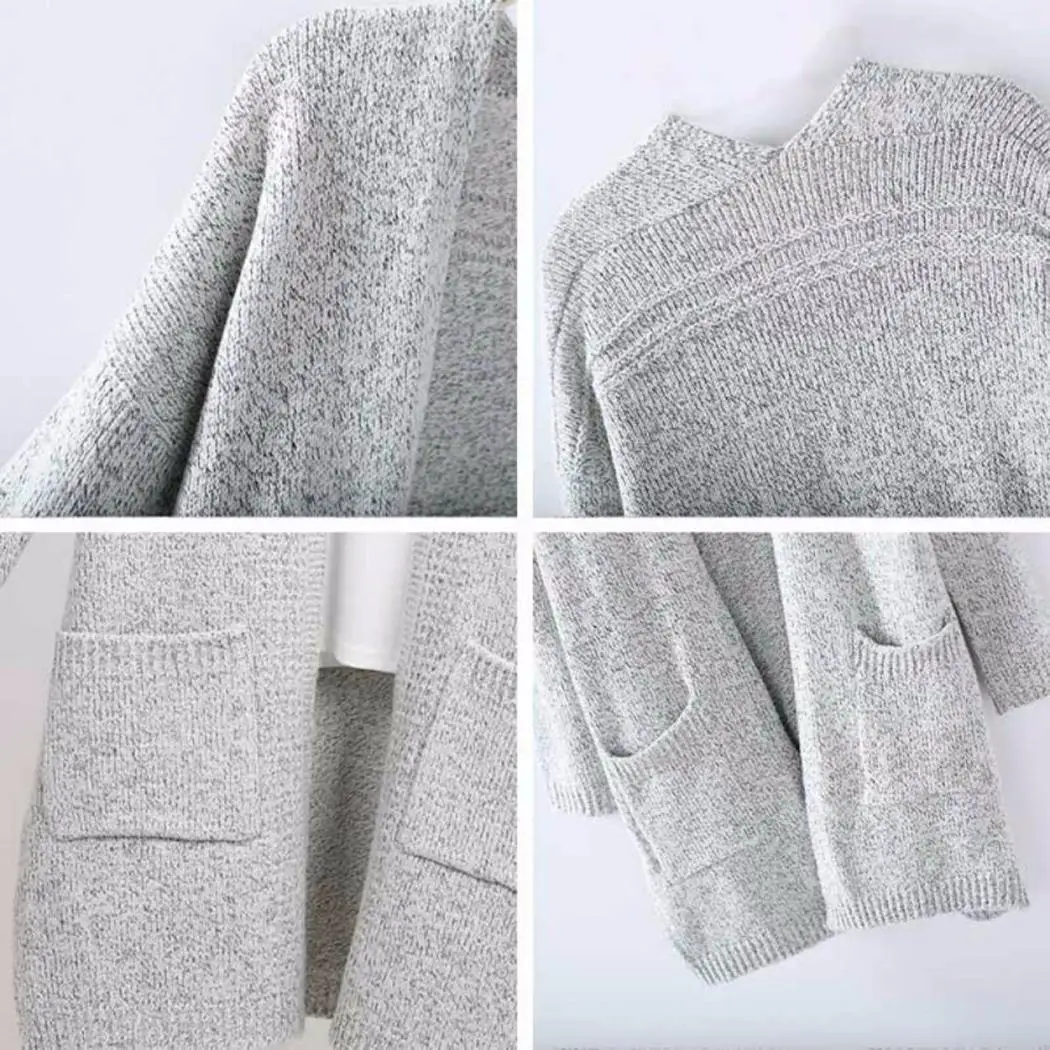 Women Fashion Casual Long Sleeve Solid Color V-Neck Autumn Spring Loose Pockets Knit Cardigan Open Front |