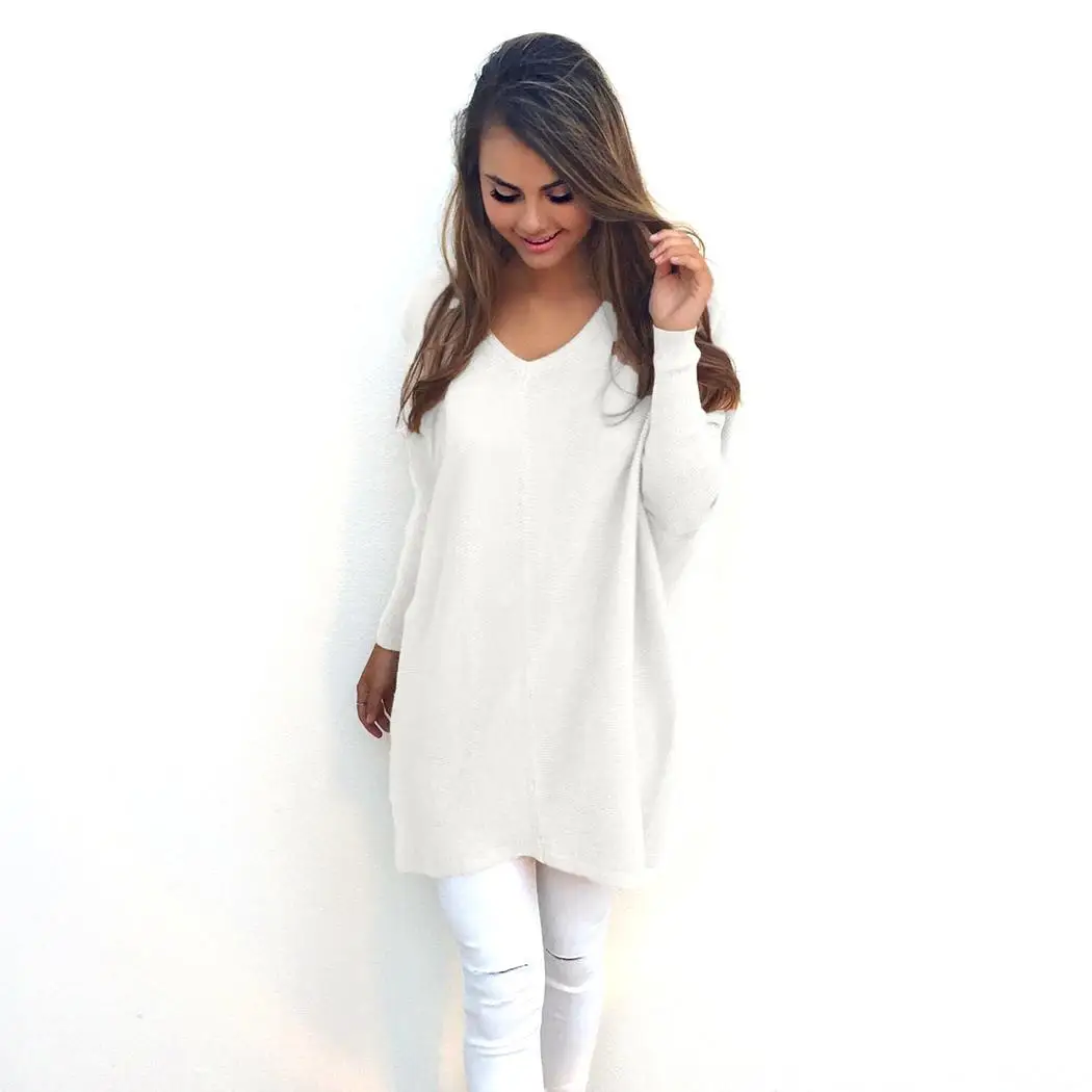 Women Fashion Casual V-neck Long Sleeve Solid Autumn Spring Loose Pullover Sweater | Женская одежда