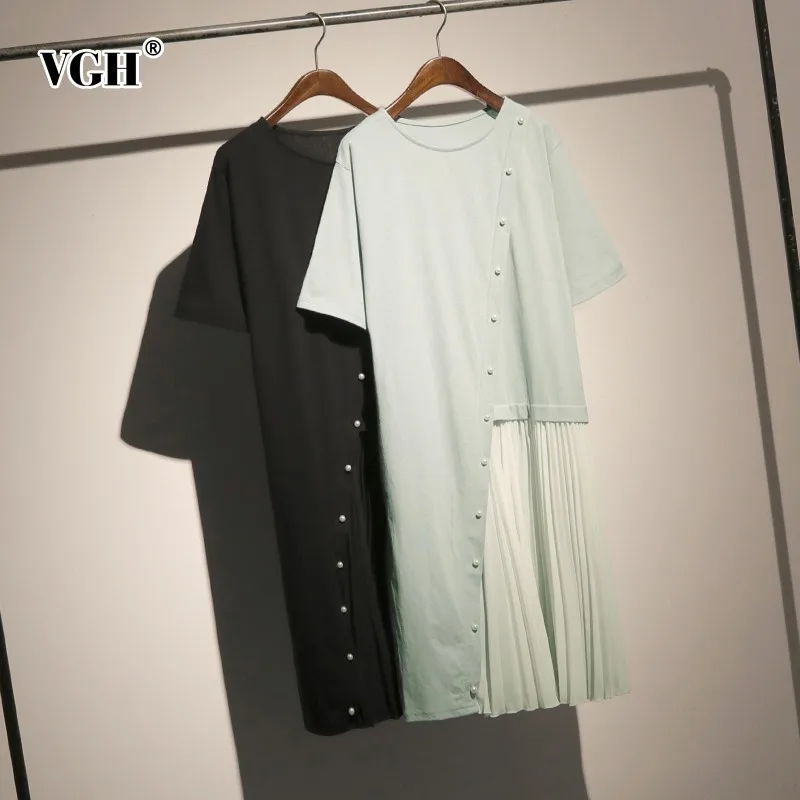 VGH весна короткий рукав Плиссированное женское платье с круглым вырезом на