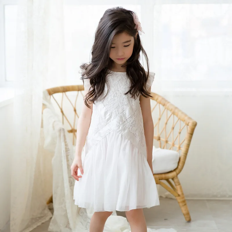 2021 New Summer Sleeveless White Lace Dress Ruffle Princess Costume Age for 4 - 14 Yrs Teenage Girls School Style Party Frocks | Детская