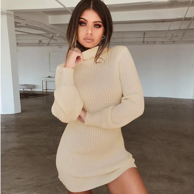 

Long Sleeve Turtleneck Knitted Dress Women Casual New Autumn Winter Sweater Dresses Female Sexy Elegant Pullover Mini Dresses