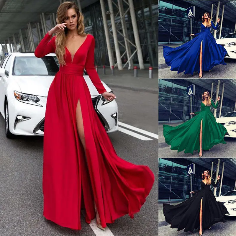 Женское асимметричное платье макси с глубоким V образным вырезом длинным рукавом