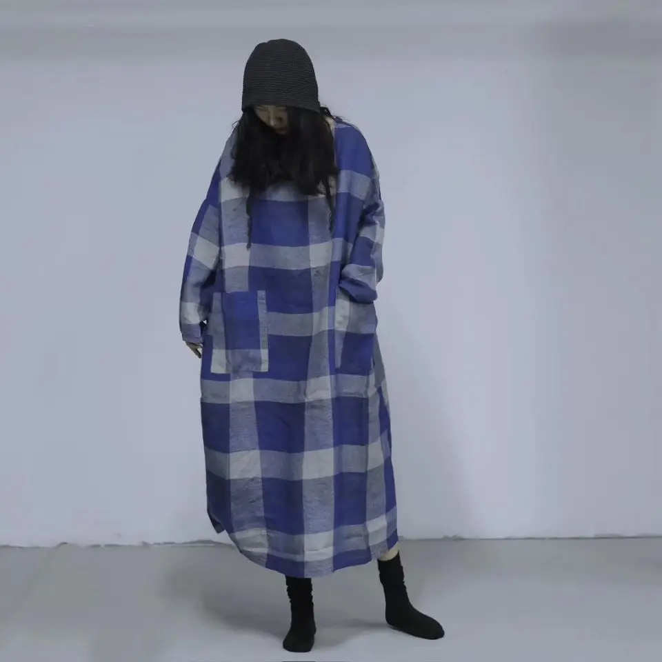 2019 Spring Plaid Pattern Literature Lattice Flax Round Neck Bat Sleeve Easy Large Size Big Loose Dress Linen Gothic Long wear | Женская
