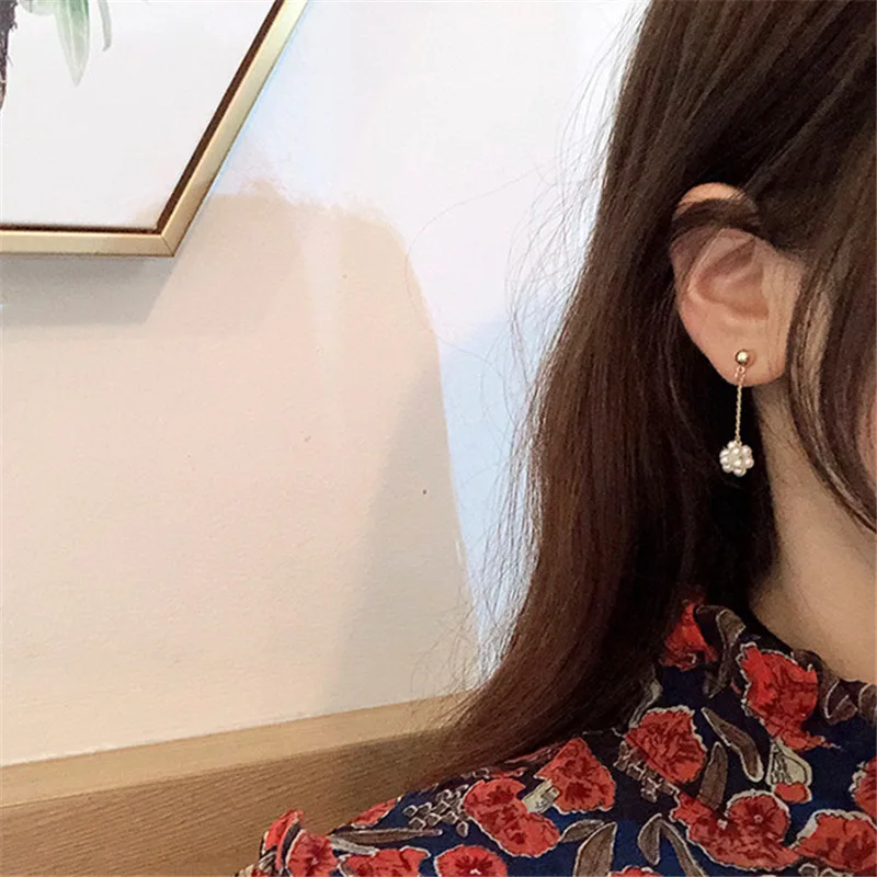 New Fashion Ins Korea Concise Exquisite Temperament Small Hand-twisted Pearl Ball Tassels Long Drop Earrings For Women Jewelry | Украшения