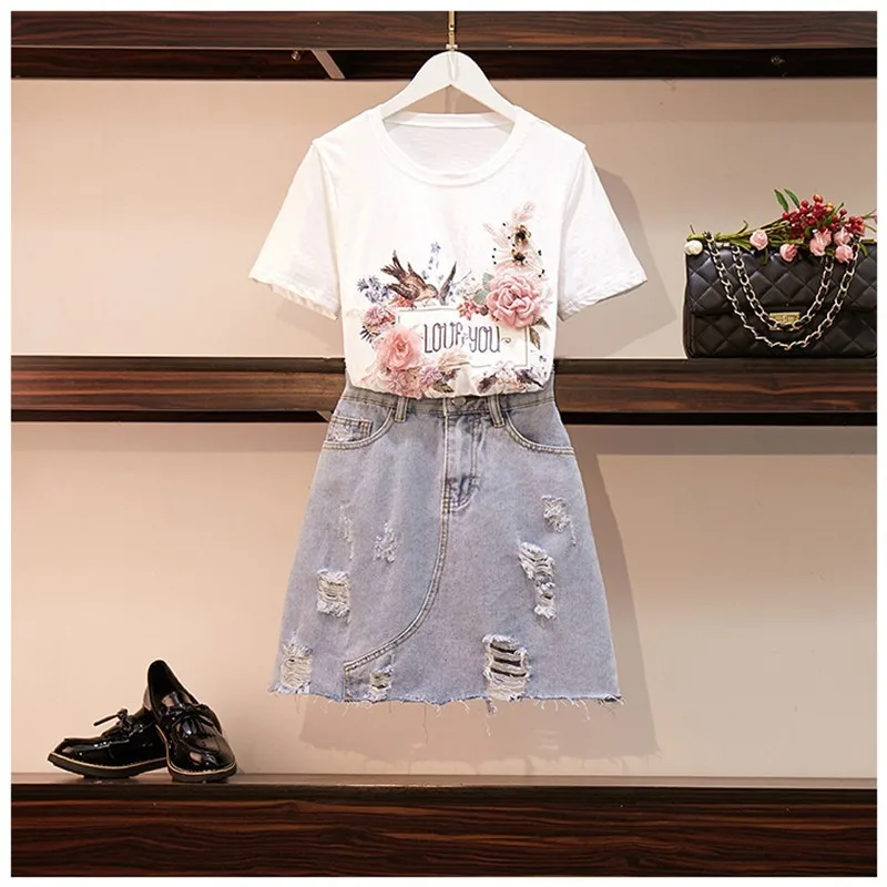 2019 Летний Новый Модный женский комплект 3d Цветочная аппликация футболка с