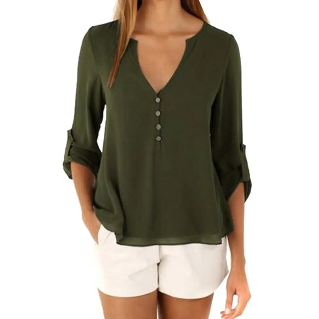 Women Fashion V Neck Long Sleeve Summer Spring Autumn Solid Buttons Chiffon Blouse Pullover Casual Regular |