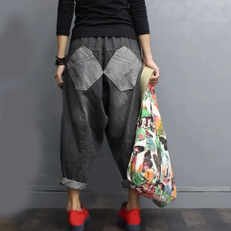 Женские боковые полосы крест брюки дамы Drawstring рваные джинсовые широкие ретро