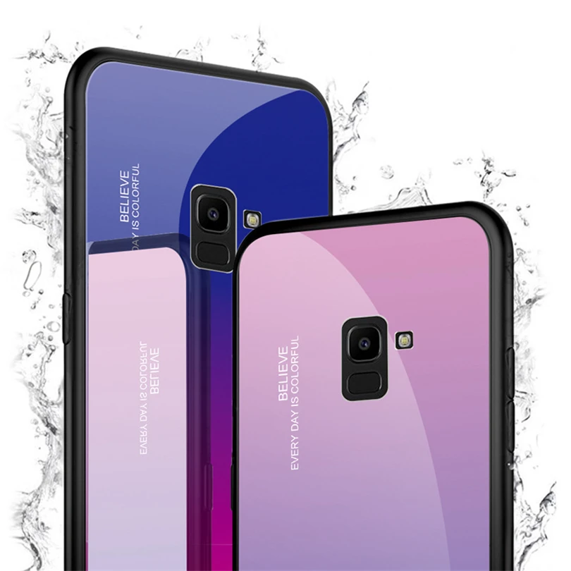 Tempered Glass Hard Phone Case For Samsung Galaxy J4 J6 Plus J8 2018 Gradient TPU Cover Glossy | Мобильные телефоны и