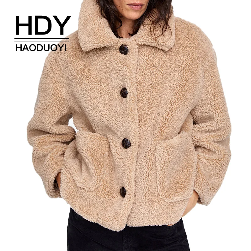 HDY haoduoyi Lapel Single-breasted Double Patch Pocket Autumn And Winter Thick Imitation Fur Sweet Girl Jacket | Женская одежда