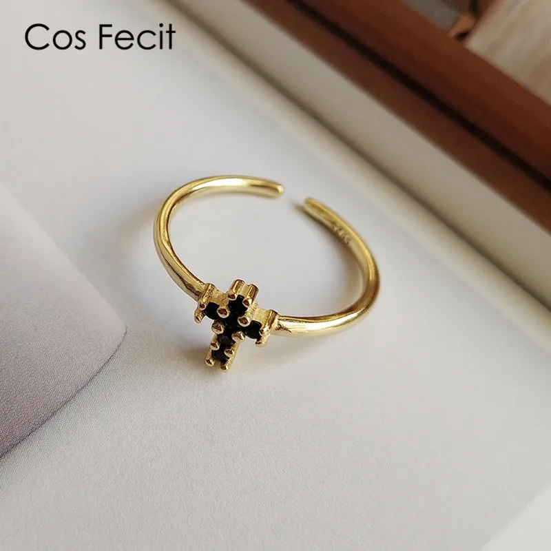 CosFecit Настоящее серебро 925 Кольцо Циркон черный открытие для девочек женские