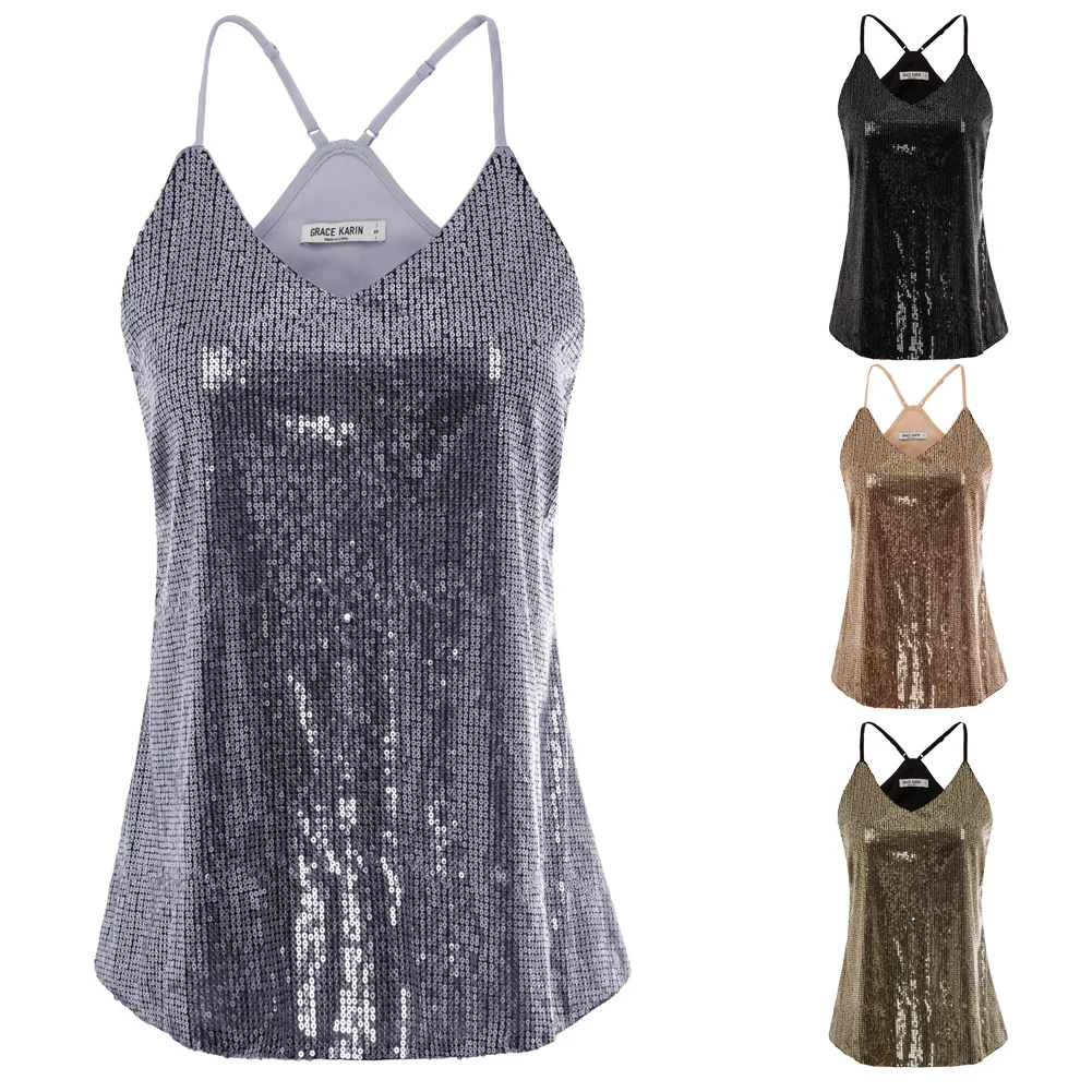 Kate Kasin Sexy Sequin Tops Womens Sleeveless Sparkle Shimmer Camisole Vest Spaghetti Strap Glitter Tank Clubwears | Женская одежда