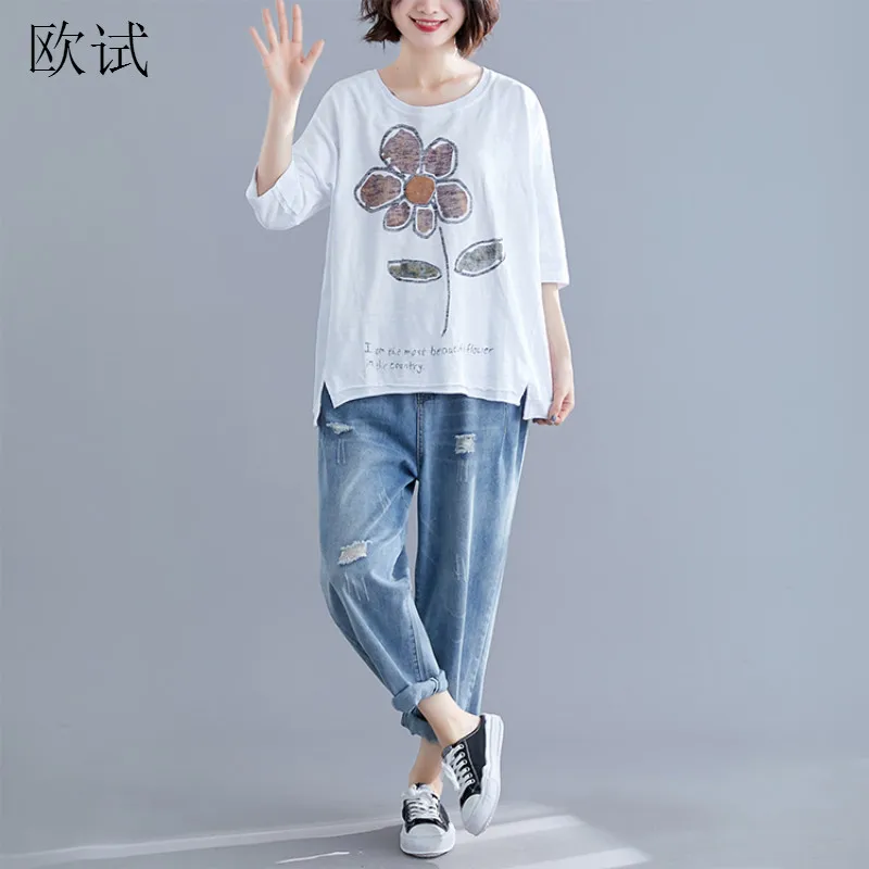 Хлопковая футболка с цветочным принтом размера плюс летние футболки графическим