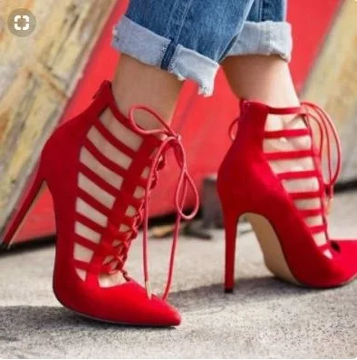Jual Seksi Merah Suede Sepatu Pernikahan Pengantin Menunjuk Toe Renda-Up Cut-Out Strappy Sandal Hollow Sepatu Tinggi Sepatu Hak Disesuaikan Ukuran 10