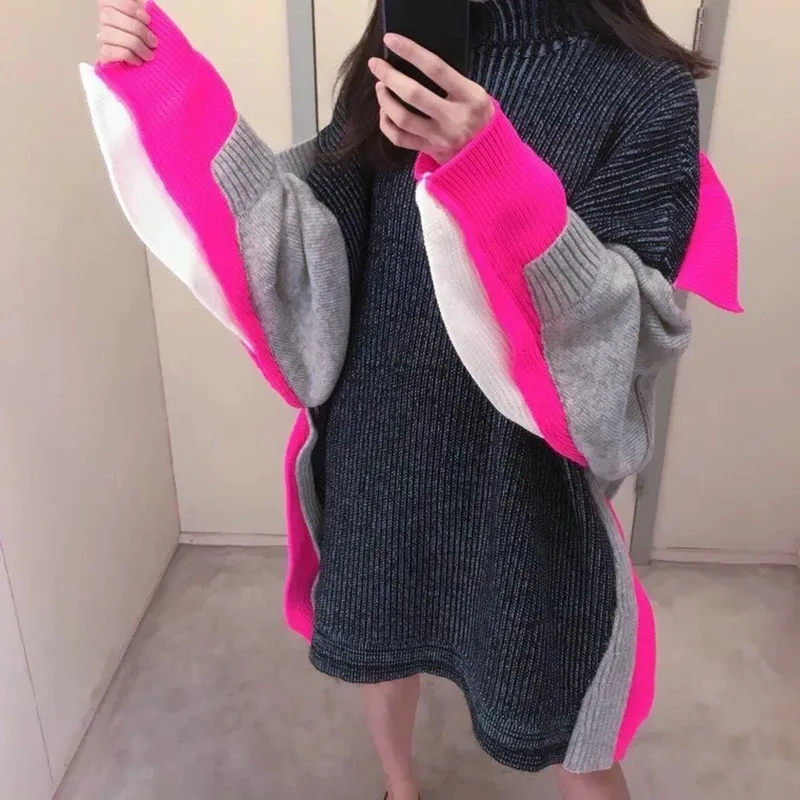 CHICEVER 2019 New Patchwork Vintage Sweater For Women Tops Hit Color Ruffles Pullovers Female Top Jumper Clothes Fashion Korean | Женская