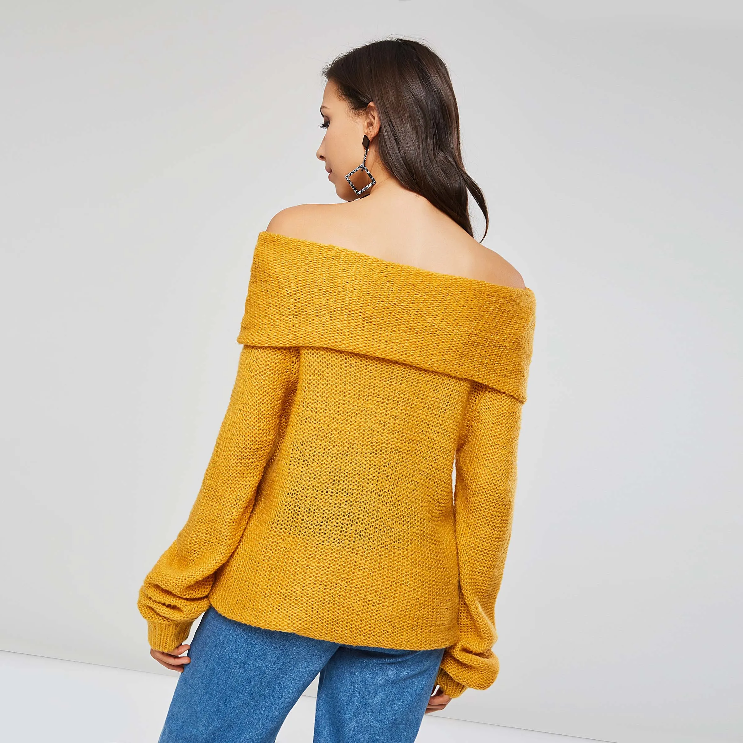 Women Winter Sweaters Casual Boho Yellow Plus Size Loose Pullover Thin Wool Lantern Sleeve Plain Female Fashion OL Tops Knitwear | Женская