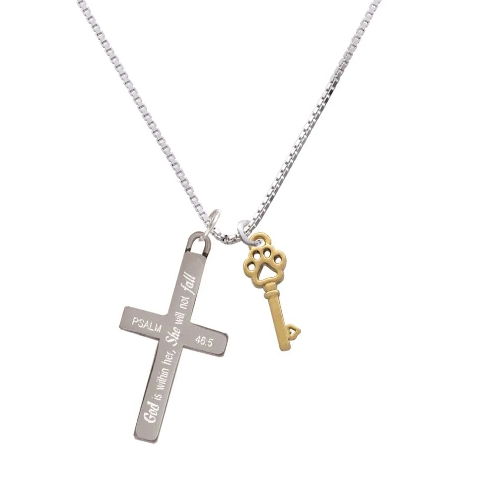 Small Gold-colored Tone Open Paw Key - She Will Not Fall Cross Necklace | Украшения и аксессуары