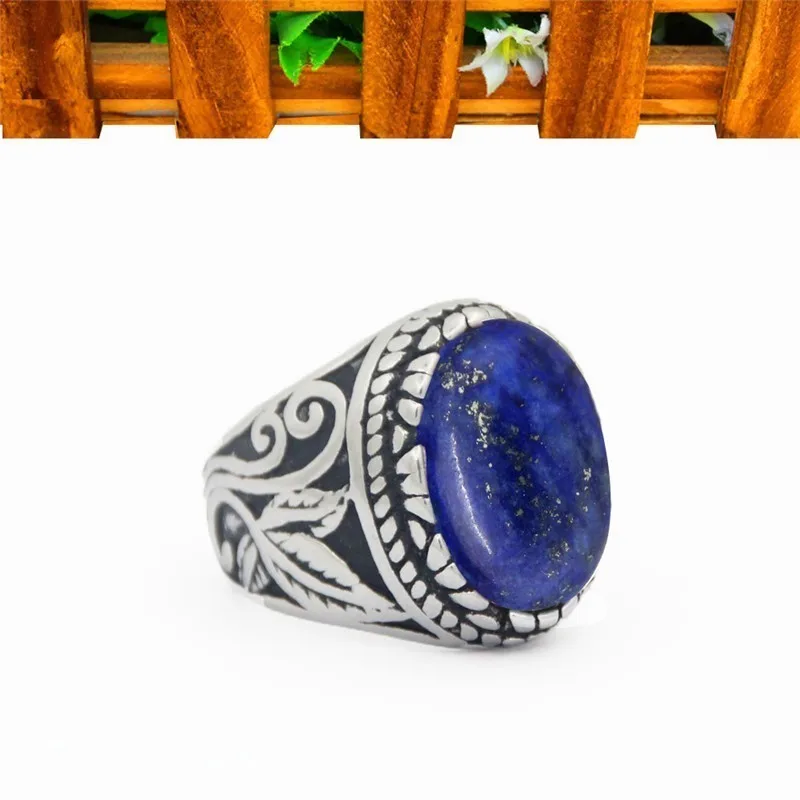 Oval Lapis Lazuli Stainless Steel Rings Natural Stone Leaf Plant Vintage Fashion Jewelry TR730 |