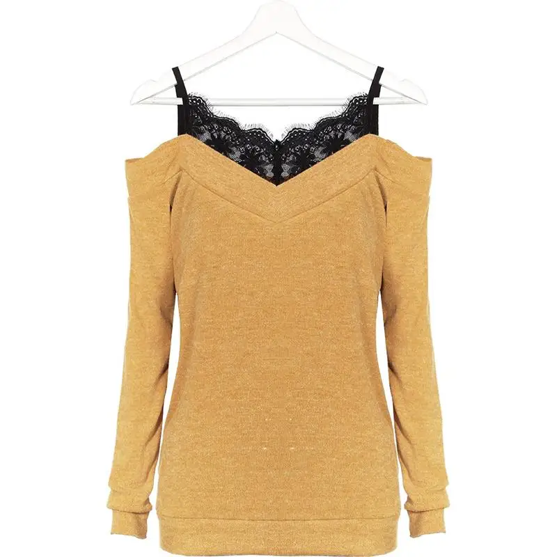 Fashion Women Shirt blusas Lace Neck Cold Shoulder Long Sleeve Tops Blouse Camisas Mujer SJ1395A |
