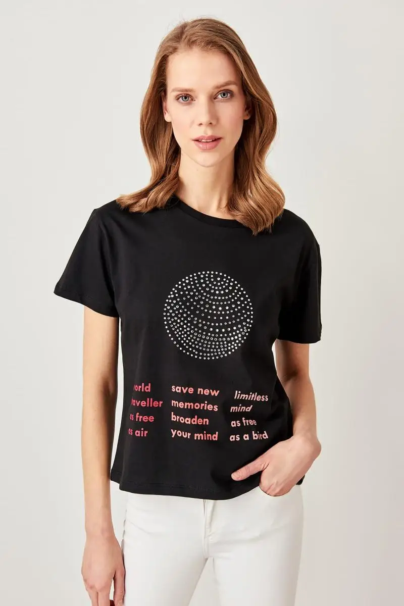 Trendyol черный камень печатных Базовые Трикотажные футболки TWOSS19TC0013 | Женская