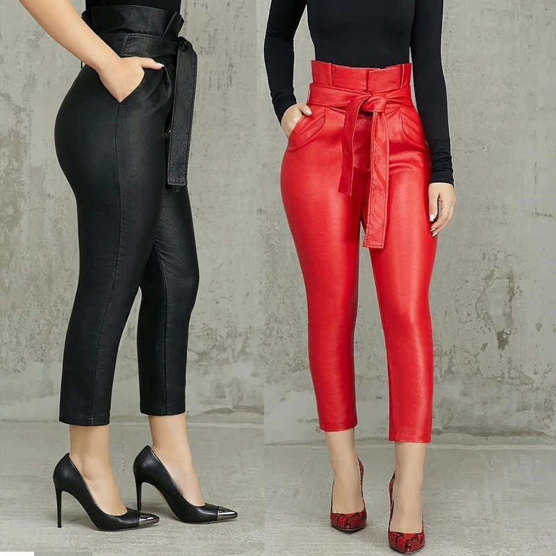 

Silm PU Leather Thicken Winter Pants Women Pocket High Waist Sexy Pants Black Elegant Office Ladies Pencil Trousers Workwear