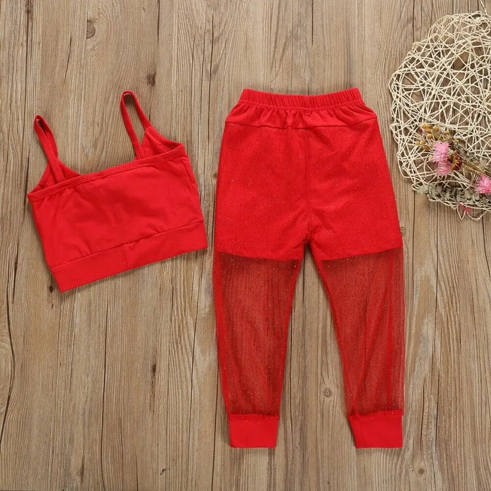 2019 Baby Summer Clothing 2-7Y Toddler Kid Girl Solid Clothes Sets Vest Top Lace Long Mesh Patchwork Pants 2PCS Outfit Set | Детская