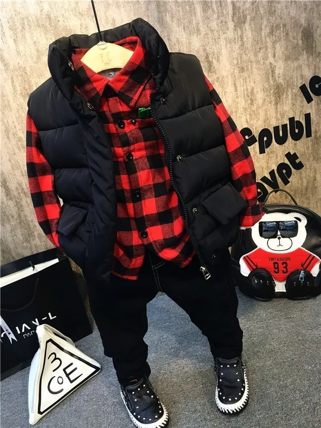

Boys 3pcs Autumn Winter Down Vest Plus Velvet Plaid Shirts Fashion Jeans Toddler Boys Clothing Set Warm Baby Clothes Kids Suits