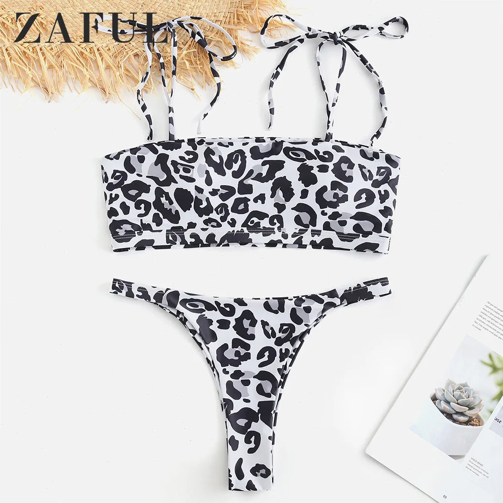 Женский купальник ZAFUL леопардовое бикини с завязками на плечах жилет глубоким