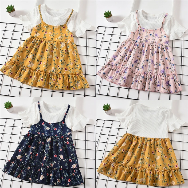 New Dress Cotton Toddler Baby Kids Girls Fly Sleeve Ruched Floral Flowers Print Dresses Clothes Girl Summer 2019 C8$ | Детская одежда и