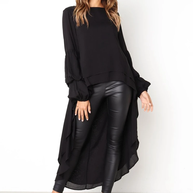 

New 2019 Women Long Sleeve Chiffon Tunic Bloues Shirt Tops Ladies Casual Before Long After Short Shirt