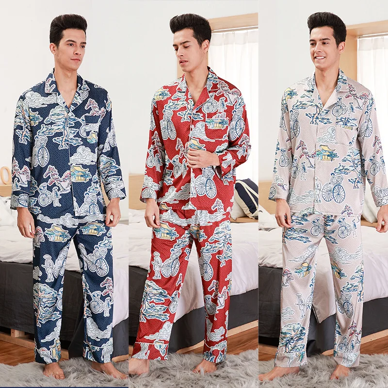 Men's printing Silk Pajama Set Silk Sleepwear Men Sexy Modern Style Soft Cozy Satin Nightgown Summer Spring Home Clothes Suit