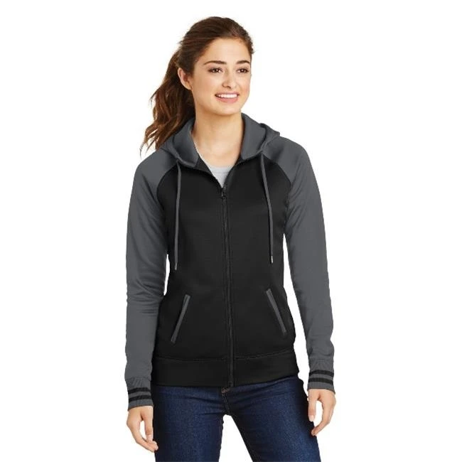 Спорт ТЭК LST236 Дамы фитиль Varsity Fleece Full Zip Куртка с капюшоном черный и темно серый