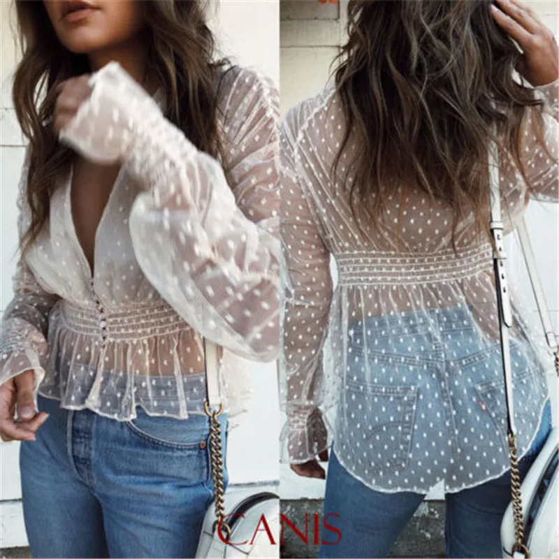 2019 сексуальные женские блузки прозрачная сетчатая блузка с глубоким V образным