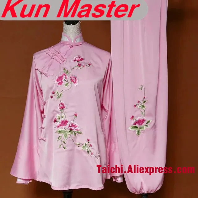 

Lady Custom Tai Chi Performance Uniform Flower Embroidery Martial Art Clothing Oblique Collar Kung Fu Clothes Pink