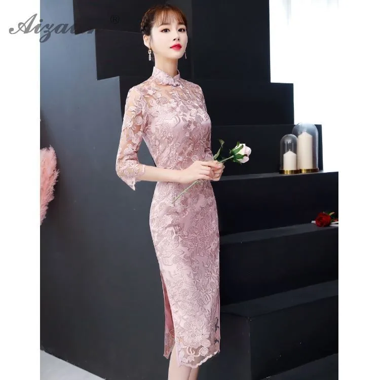 Летнее Новое Кружевное платье Cheongsam с вышивкой современное сексуальное Qi Pao