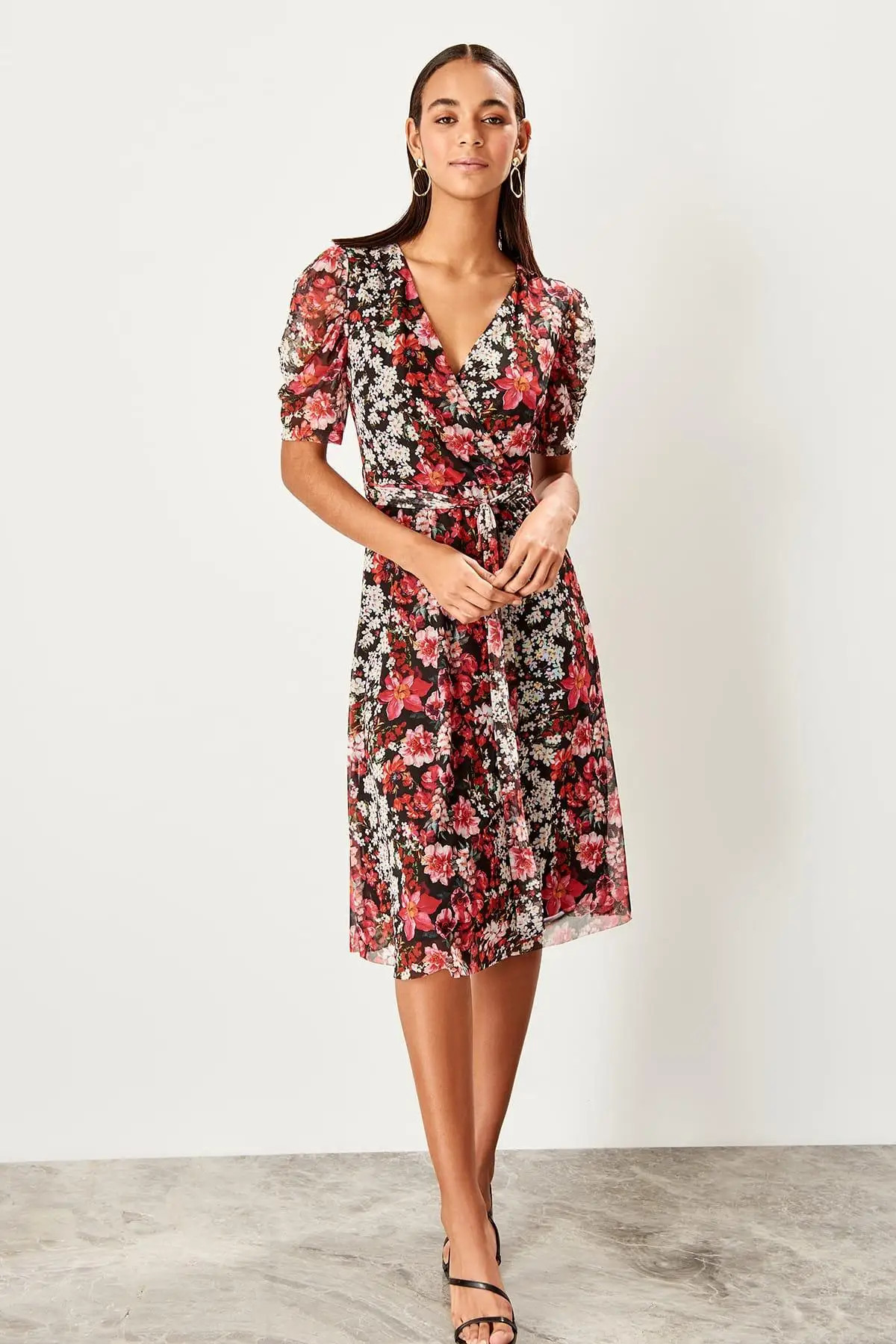 Trendyol Бургундия Shir detayli шаблон Тюль вязать платье TWOSS19LJ0262|Женские платья| |