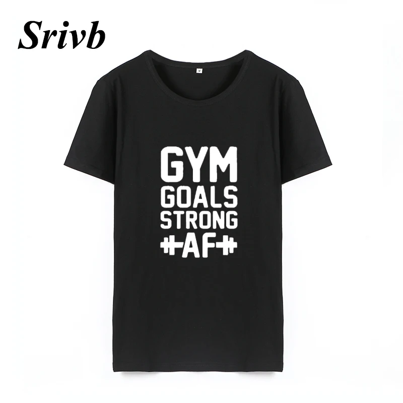 Женская футболка с надписью Srivb Gym Goals Strong Af черно белая свободная коротким