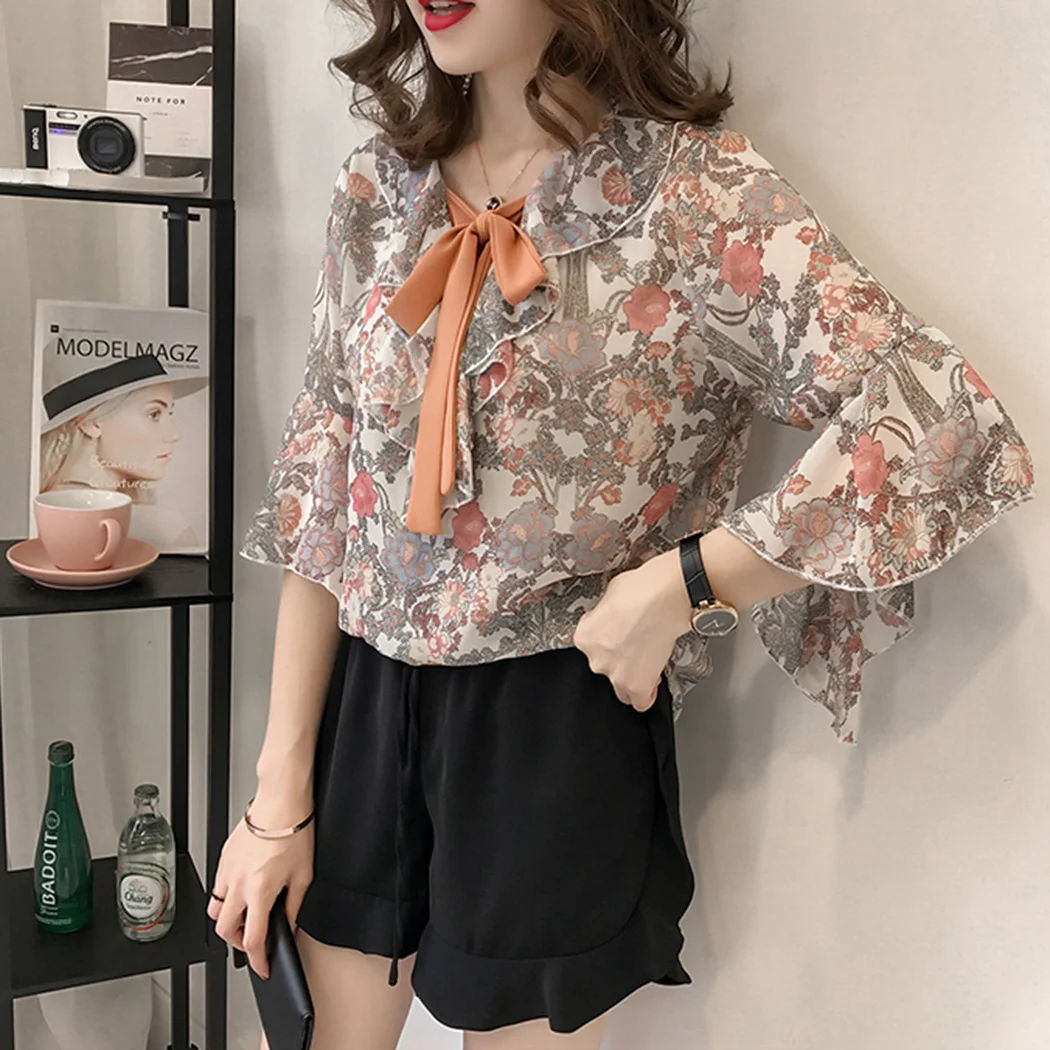2019 новый цветочный для женщин оборками короткий рукав рубашка Boho Harajuku шифоновые