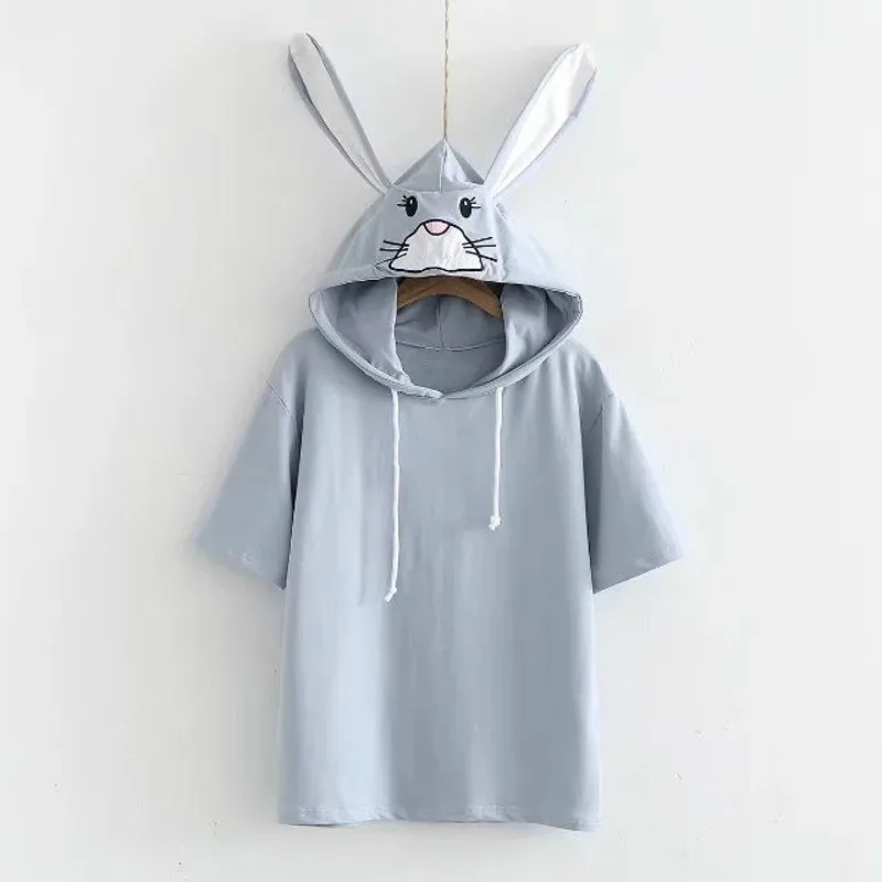 Женская футболка с капюшоном и длинными ушками милая розовая кроликом Kawaii