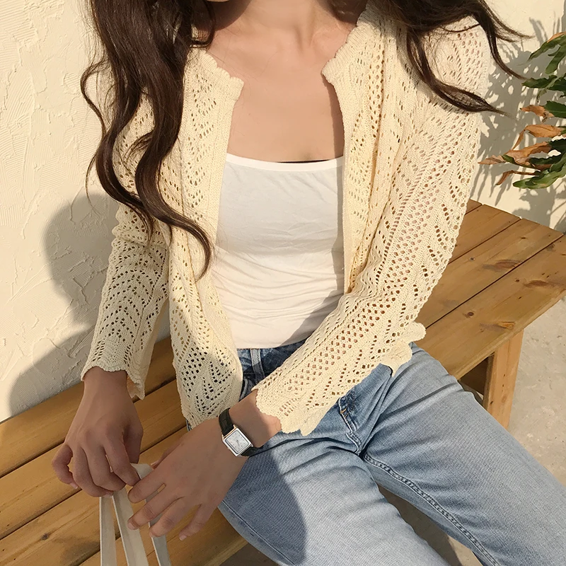 2020 spring new cardigan sweater short cut long sleeves hollowed elegant lady thin design |