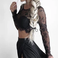 woman summer blouse mesh slim perspective navel sexy style lace crop tops o neck white black beach flower blouse tees clubwear