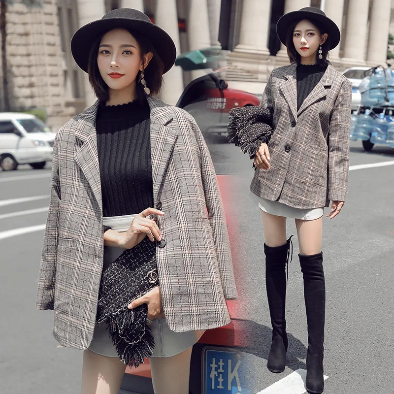 

2019 spring Fashion double breasted plaid blazer women Long sleeve slim OL blazer Casual autumn jacket blazer female coat