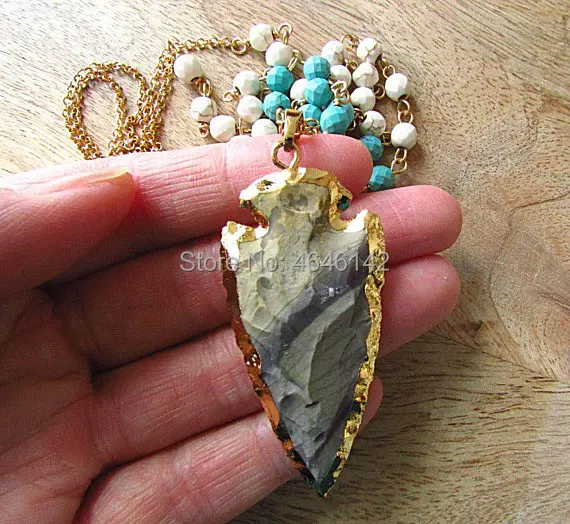 ?? ロングハウライトビーズネックレスボヘミアン矢印ペンダントネックレスターコイズビーズ