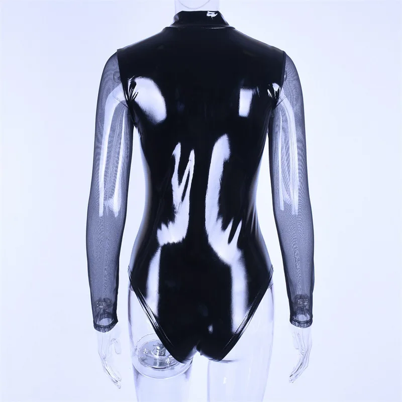 Боди женские из искусственной кожи с сеткой на молнии длинным рукавом черные