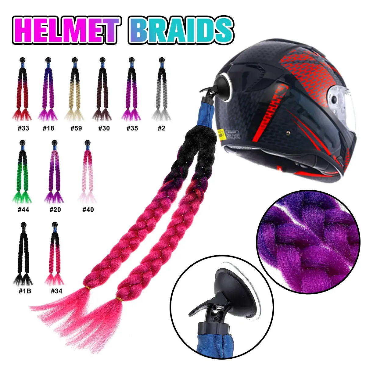 

11 Color 60cm Motorcycle Bike Gradient Ramp Helmet Braids Double Sucker Removable Braid Ponytail Off Road Motorbike