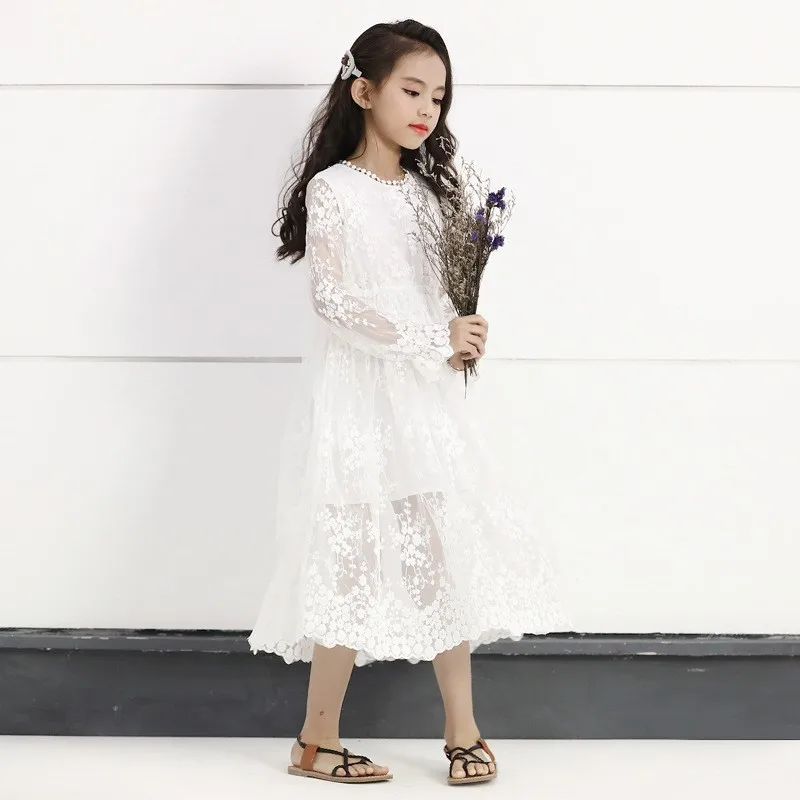 Floral Lace Chrochet Teenage Girls Dress Long Sleeve Cotton Spring Summer 2020 White Maxi Princess For Kids | Детская одежда и