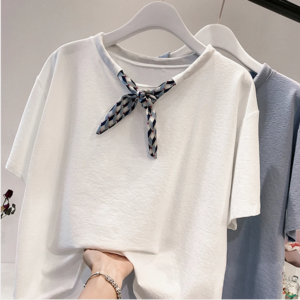 Женские рубашки с бантом большие размеры Корейская блузка галстуком бабочкой